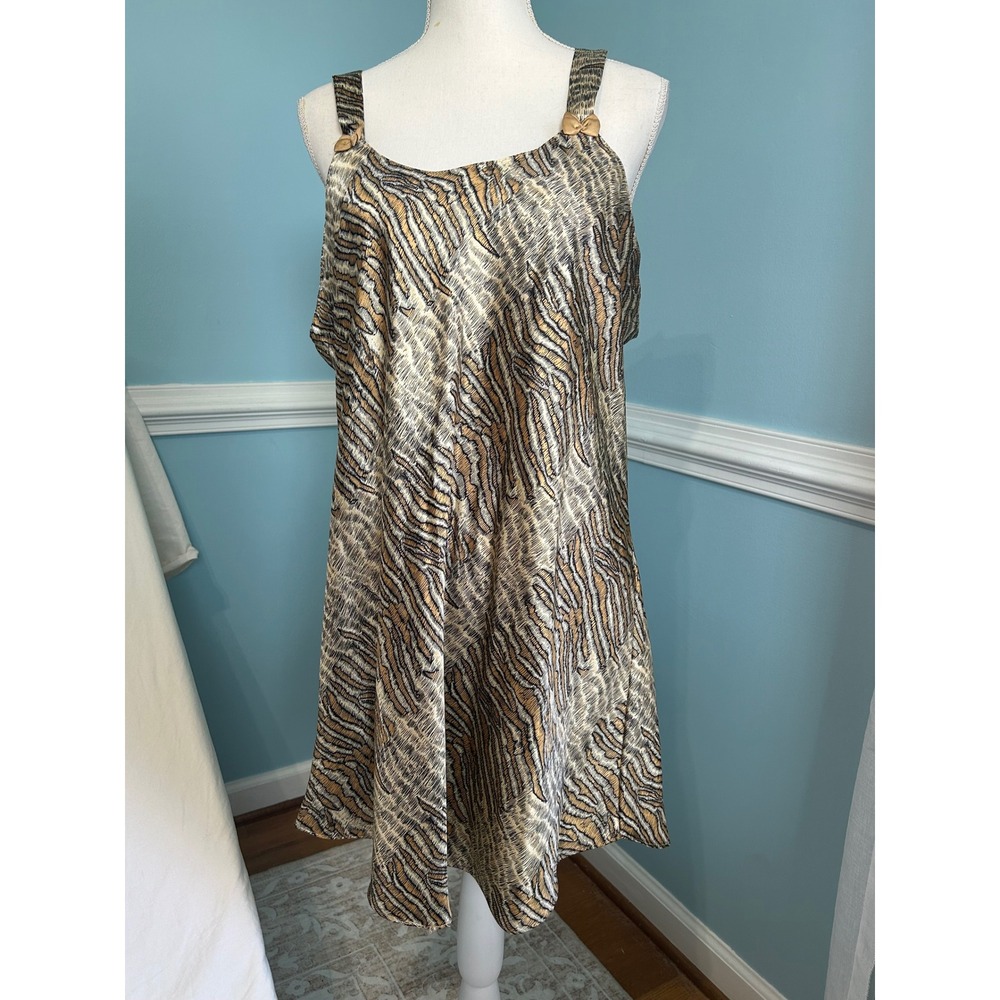Vintage Tiger Print Satin Nightgown XL Tan Brown Animal Print Bow Strap Chemise
